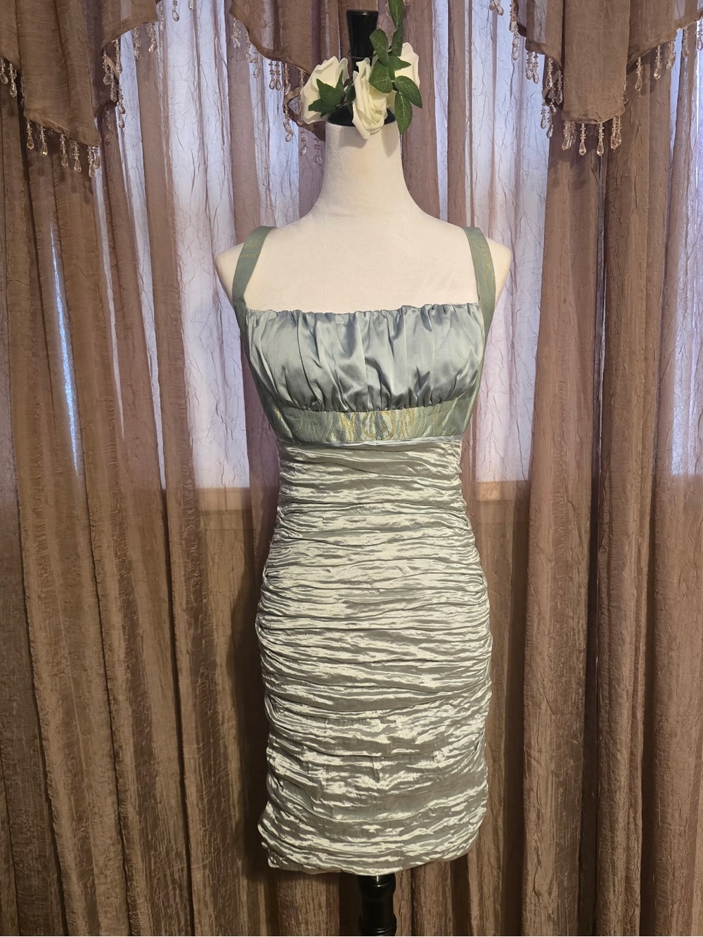 NWT Sage Ruched Satin Cocktail Dress - Nicole Miller Size 9/10 Gold accents